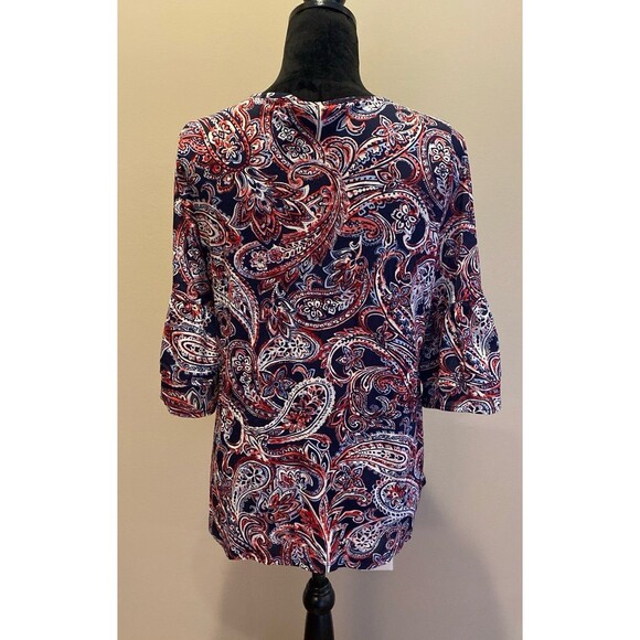 Roz & Ali Blouse Size Large Navy Red Paisley + Stretch Bell Sleeves Casual Top - Picture 5 of 11